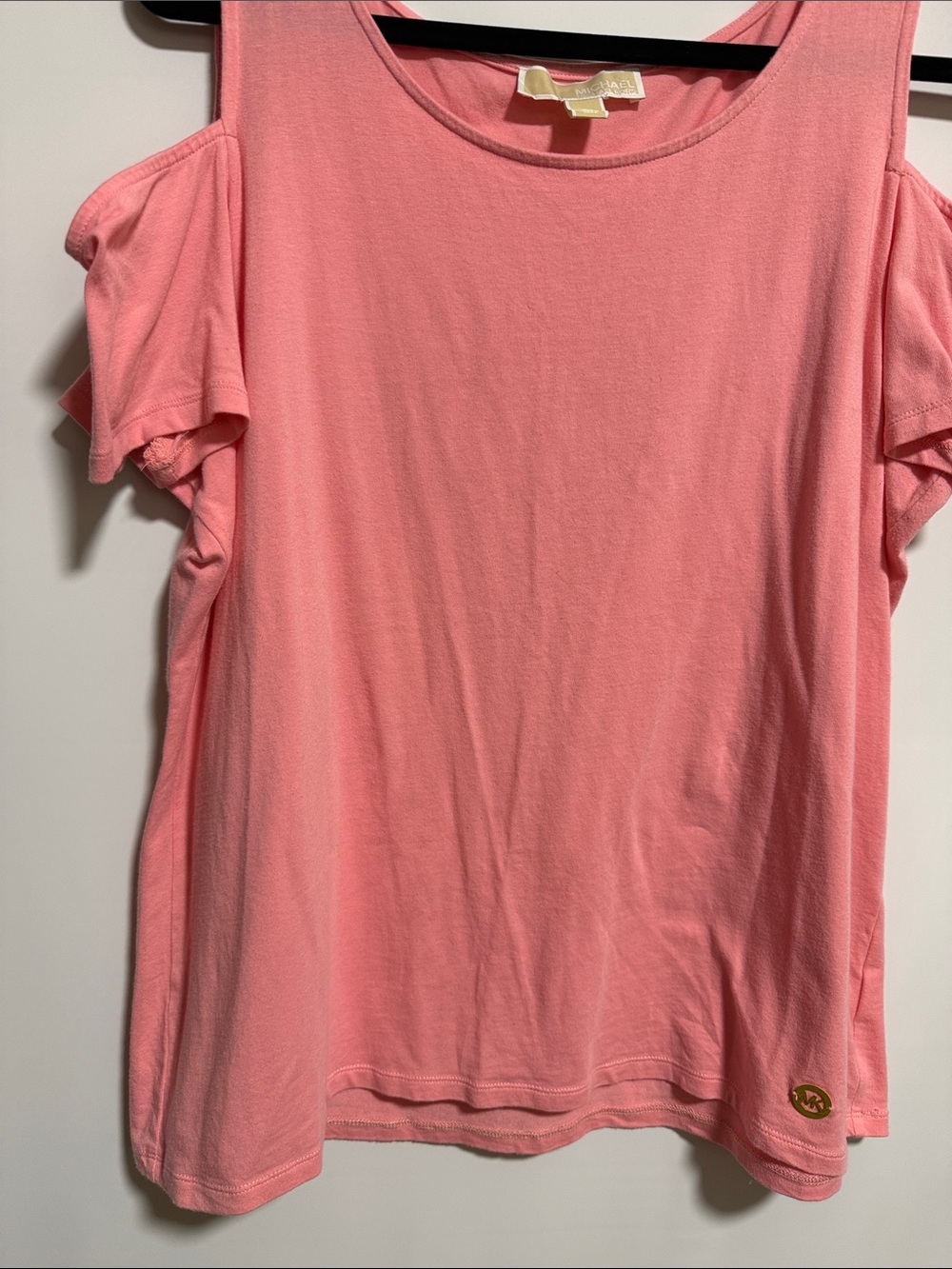Michael Michael Kors Pink Cold Shoulder Flutter Sleeve Top XL Logo Scoop Neck - Picture 8 of 10
